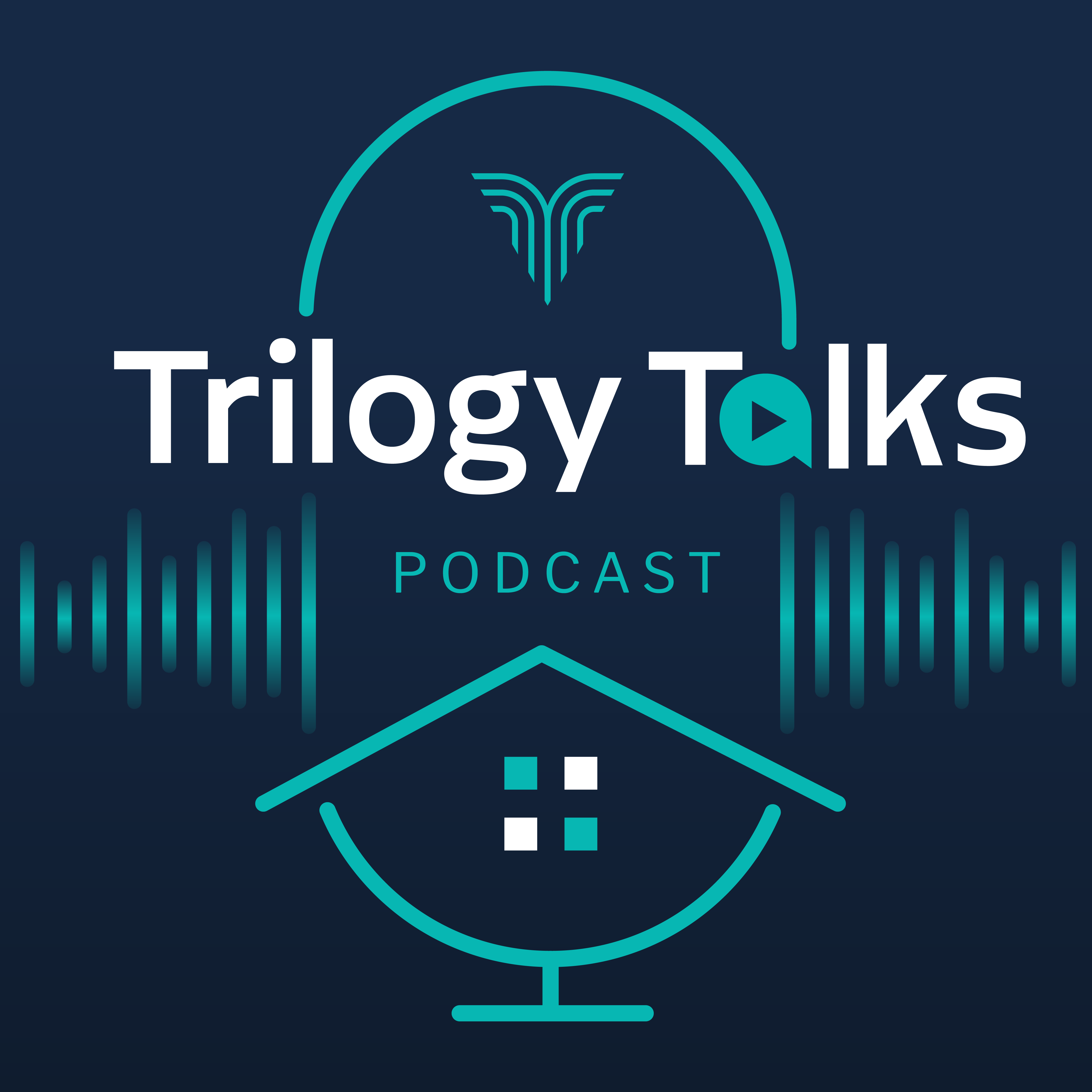 Podcast cover art with soundwaves and microphone and Trilogy Talks wording.