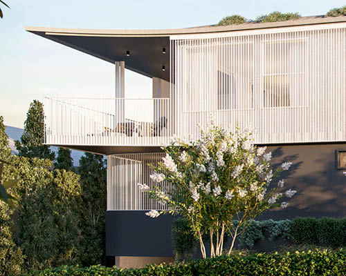 New luxury townhouse development in New Farm Queensland. Exterior image of side facade.