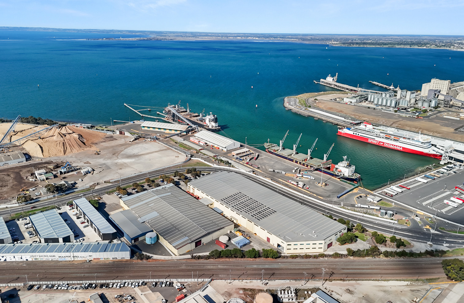 Aerial image of the Quiksilver industrial property, overlooking the Port of Geelong