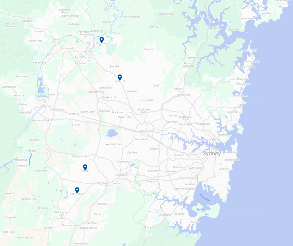 CGLIS2 A map outlining the location of the four financing solutions outlined in the proceeding section. These are located in Pitt Town, Rouse Hill, Austral and Leppington, New South Wales.